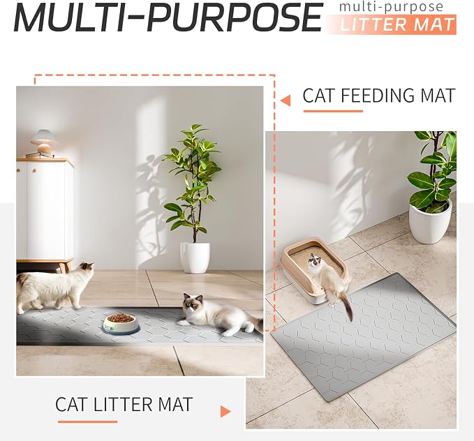 Bulkniu Silicone Cat Litter Mat, 24"x16", Raised Edge Waterproof, Grey | Litter Trapping & Recycling, Easy to Clean, Non-Slip, Durable Safe & Odorless, Paw Friendly