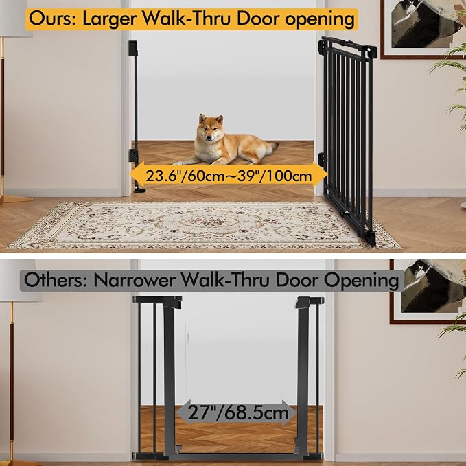 29" Tall Baby & Dog Gate,26-43" W Hardware Mount Gate,Black | Auto-Close design,Two-Way Swing, No Bottom Bar,Must Drill to Install