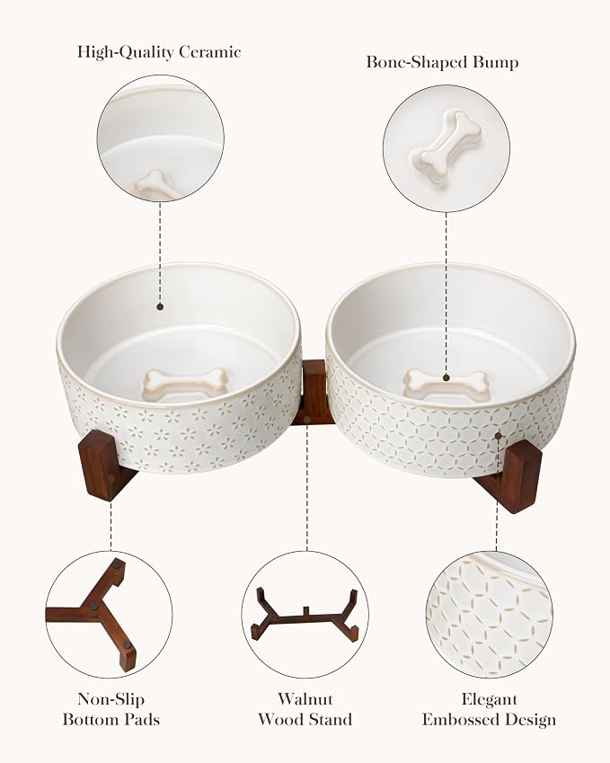 MALACASA Dog Bowl Set, Ceramic Bowls with Walnut Wood Stand, 6 Cups | Five-leaf grass and honeycomb design, non-slip base, for dogs, about 26% heavier than similar ceramic bowls