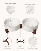 MALACASA Dog Bowl Set, Ceramic Bowls with Walnut Wood Stand, 6 Cups | Five-leaf grass and honeycomb design, non-slip base, for dogs, about 26% heavier than similar ceramic bowls