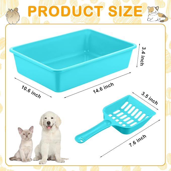 Amyhill 10Pcs Open Cat Litter Box with 10 Scooper | Medium, Plastic, Durable Low Sided Kitten Litter Box for Indoor Pets Rabbit Cats Supplies, 14.6x10.6x3.4 Inch, Multi Color