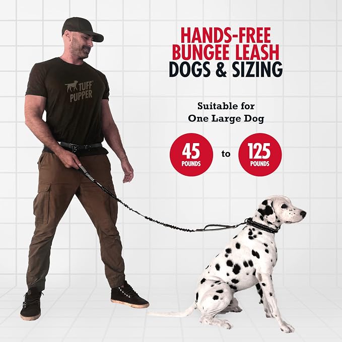 Tuff Pupper Hands Free Bungee Dog Leash, Waist Belt for Running & Walking | Heavy Duty for One Large Dog up to 125 lb, Shock Absorbing with Lumbar Support & Reflective Padded Handles for Jogging