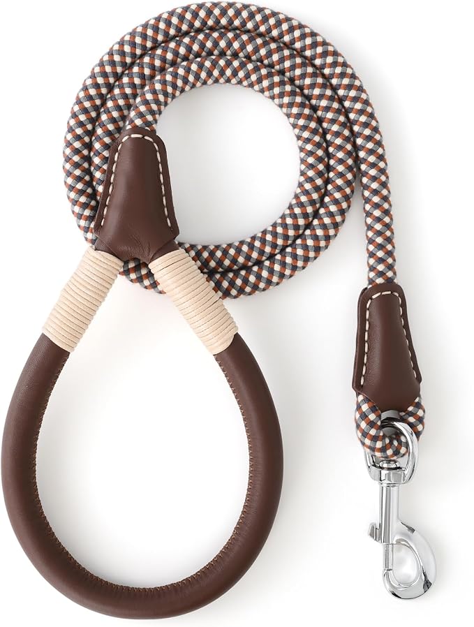 Mile High Life Dog Leash with Genuine Leather Handle, 4/5/6 FT | Comfortable Leather Grip Rope Leash, Heavy Duty 360° Swivel Metal Clasp, for Small Medium & Large Dogs (Brown Plaid, 60 Inch)