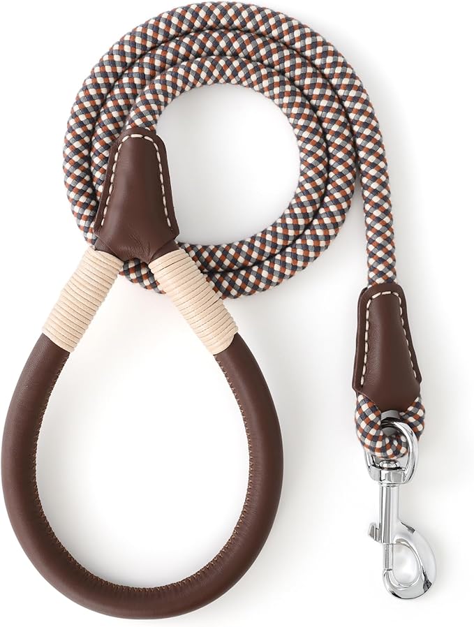 Mile High Life Dog Leash with Genuine Leather Handle, 4/5/6 FT | Comfortable Leather Grip Rope Leash, Heavy Duty 360° Swivel Metal Clasp, for Small Medium & Large Dogs (Brown Plaid, 48 Inch)