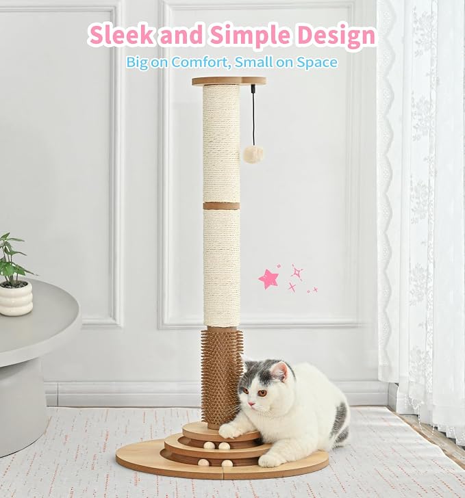 Made4Pets Tall Cat Scratching Post for Indoor Cats with Self Groomer, 33.6" | Tall Natural Sisal Scratching Post, Cat Scratcher with Stable Base and Interactive Ball Track for Adult and Large Indoor Cats