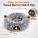 Cat Tunnel Bed Under Christmas Tree with Plush Ball Toy Playground Crinkle Collapsible Self-Luminous Flannel Fabric 3FT for Large Cats Kittens Kitty Small Animals Puppy Grey Moon Star