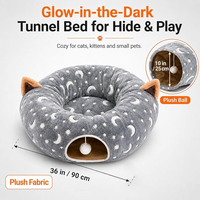 Cat Tunnel Bed Under Christmas Tree with Plush Ball Toy Playground Crinkle Collapsible Self-Luminous Flannel Fabric 3FT for Large Cats Kittens Kitty Small Animals Puppy Grey Moon Star