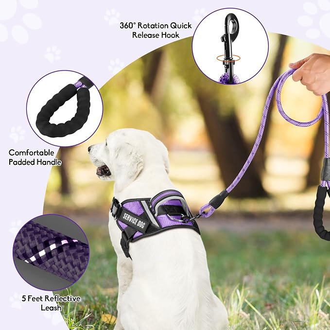 Service Dog Vest Harness and Leash Set, Animire in Training Dog Harness with 10 Dog Patches, Reflective Dog Leash with Soft Padded Handle for Small, Medium, Large, and Extra-Large Dogs (Purple, S)