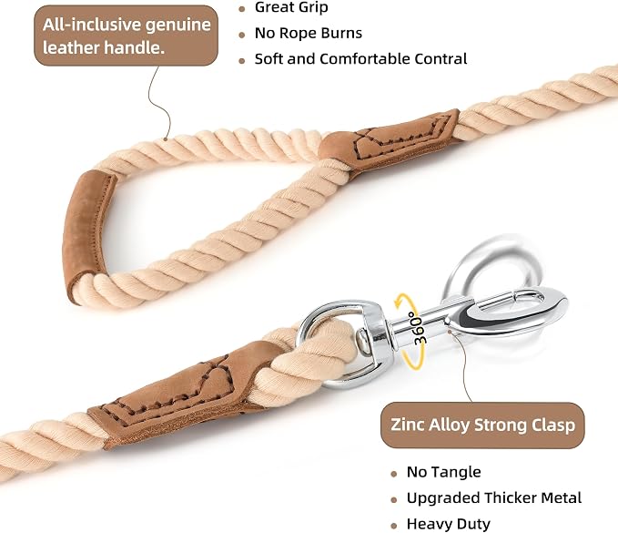Mile High Life Dog Leash Braided Cotton Rope w/Leather-Wrapped Ends/Handle | Rust-proof 360° swivel clasp, Heavy-duty for medium/large dogs. Great for weddings, daily walks (5 FT, 1/2", Light Brown)