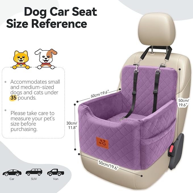 GL GLENSLAVE Dog Car Seat for Small/Medium Dogs Under 35lbs,Memory Foam Dog Booster Seats,Detachable and Washable Traval Pet Car Seat, Dogs Bed with 2 Safety Belts (Purple)