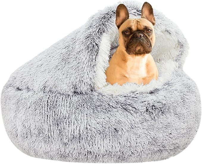 YUDANSI Small Dog Bed Hooded, Cat Cave Bed for Indoor Cats with Covered Hood for Small Dogs Cats Puppy, Plush Faux Fur Enclosed Nest(Gray-26'')