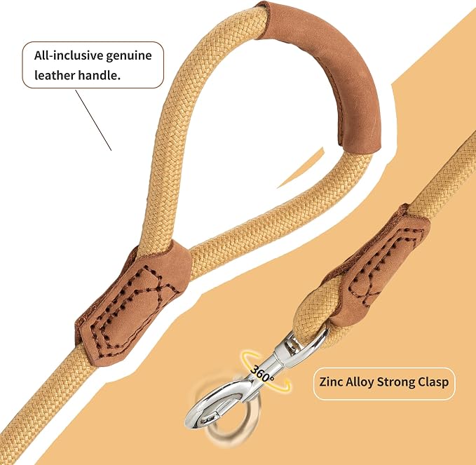 Mile High Life Dog Leash with Genuine Leather Handle, 6 FT/5 FT/4 FT | Leather Grip Rope Leash, Heavy Duty 360° Swivel Metal Clasp, for Small Medium & Large Dogs