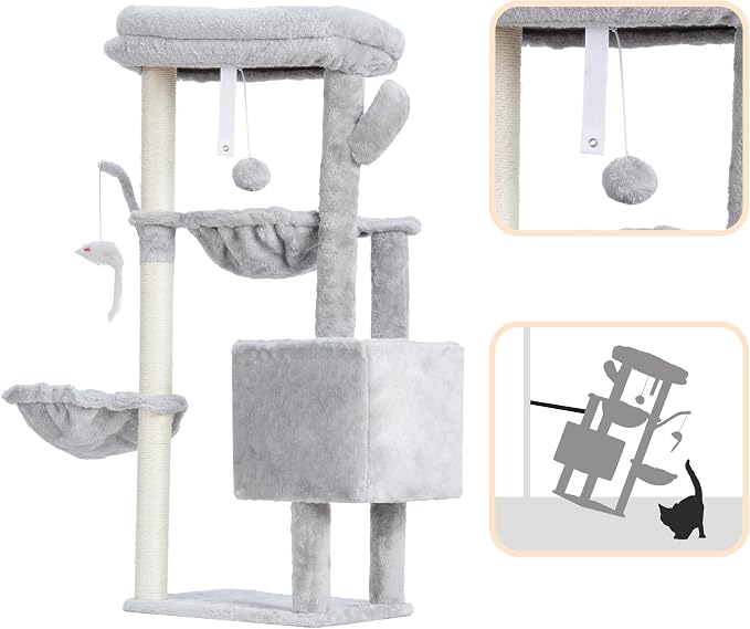 Heybly Cat Tree, 40" Tower with All-Sisal Wrapped Scratching Post HCT006SW | Cat Tower for Indoor Cats, Cat Condo with Soft Platform, 2 Baskets and Dangling Toy, Light Gray