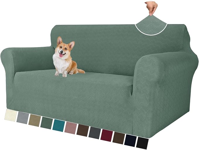 MAXIJIN Loveseat Cover Sofa Covers (55"-69"), 1-Piece Stretch Couch Covers for 2 Cushion Couch Love Seat Slipcover with Elastic Bottom for Kids,Dog (Loveseat, Diamond Pattern Pea Green)