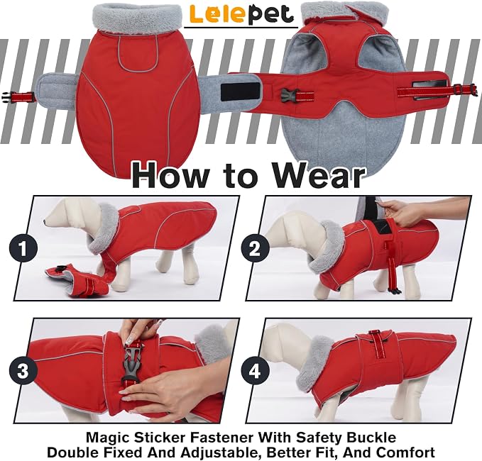 Lelepet Dog Coat Waterproof Dog Jacket Fleece Vest with Adjustable Buckle | Reflective Winter Coats with Adjustable Hook & Loop Closure Cold Weather Coats for Small Medium Large Dogs,Leash Hole Red, M