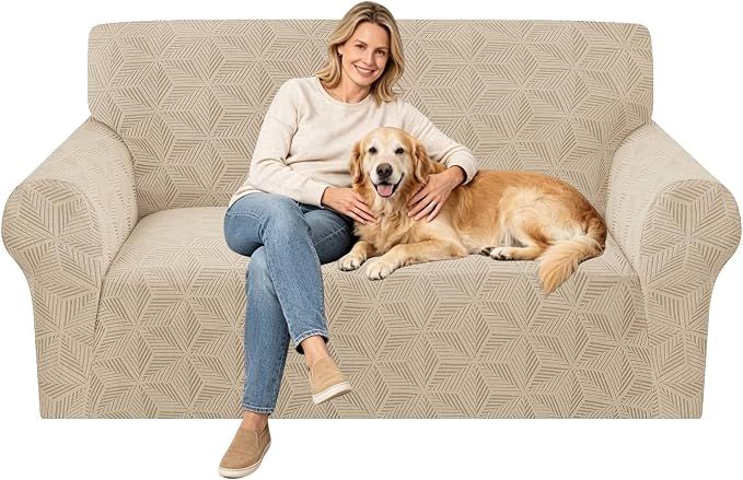 ZNSAYOTX Stretch Couch Cover, 1 Piece Sofa Covers for 2 Cushion Couch, Jacquard Loveseat Slipcovers with Elastic Bottom Thickened Furniture Protector for Dog Cat Pet (Medium, Khaki)
