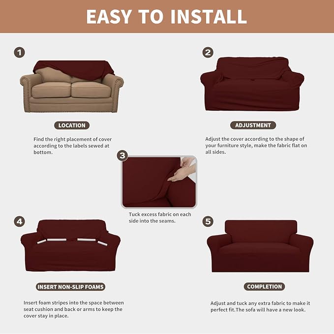 Easy-Going 100% Waterproof Chair Couch Cover, Stretch Jacquard Sofa Cover | Dual Waterproof Sofa Slipcover, Leakproof Furniture Protector for Kids, Pets, Dog and Cat (Loveseat, Wine)