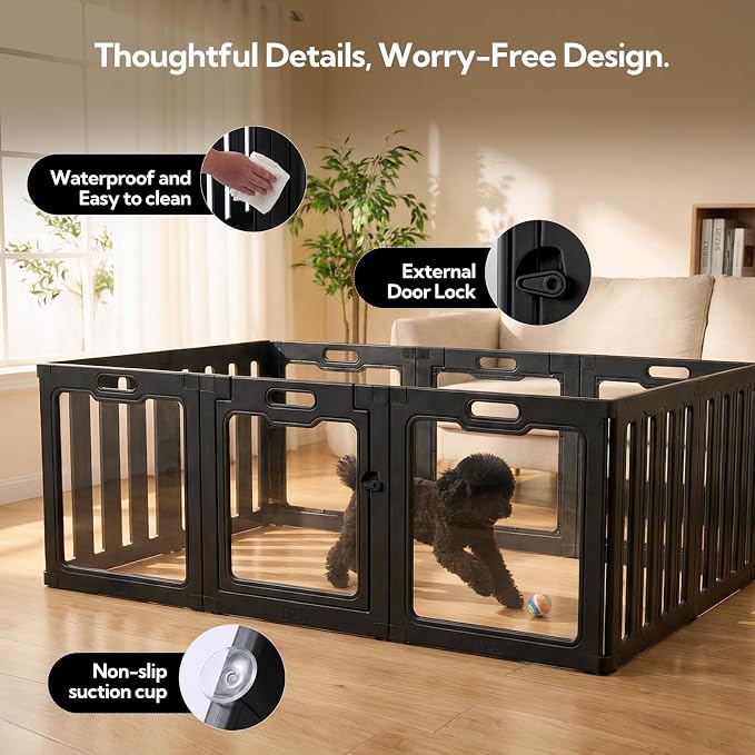 Soulbond Clear Acrylic Dog Playpen Indoor (24 Inch, Black, 10 Panels) | Non-Slip,Tool-Free Assembly, External Door Lock Play Pen for Puppies and Small Dogs