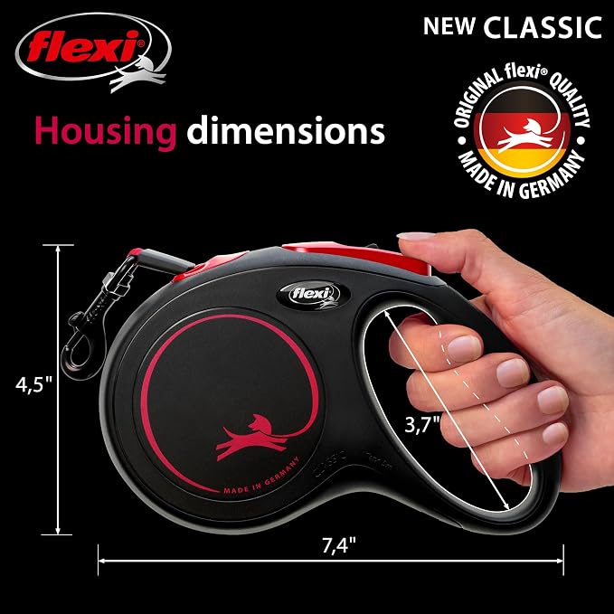 FLEXI® New Classic Tape Retractable Dog Leash, Medium 16ft -Black Red | German engineered, original flexi leash, durable quality, dogs up to 30-55 lbs, tangle-free, walking, reliable brake system