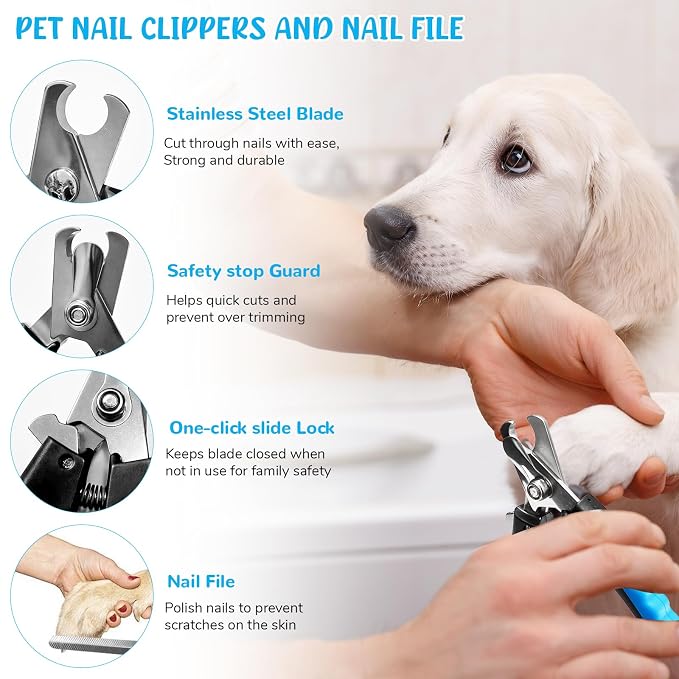 Dog Brush & Grooming Kit – 9-Piece Pet Brush & Deshedding Set for Shedding, Bathing, Trimming & Nail Care | Grooming Tools for Dogs & Cats, Includes Comb, Nail Clipper, Scissors, Slicker Brush (Blue)