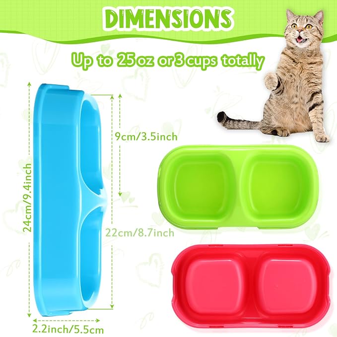 Hsei 12 Pcs Plastic Double Cat Dog Food Water Bowl,9.44 x 5.12 x 2.16 Inch | 12 Pack Bulk Set, PP Plastic, Raised Design, Dishwasher Safe, for Kennel Cattery Small Medium Pet Supplies, 3 Assorted Colors