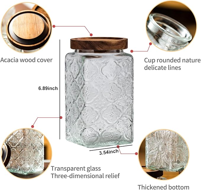Vintage glass sealed storage jar with sealed wooden lid, Kitchen Storage glass food storage container for, coffee beans, oats, flour, cereal, food storage jar (2*plum blossom)