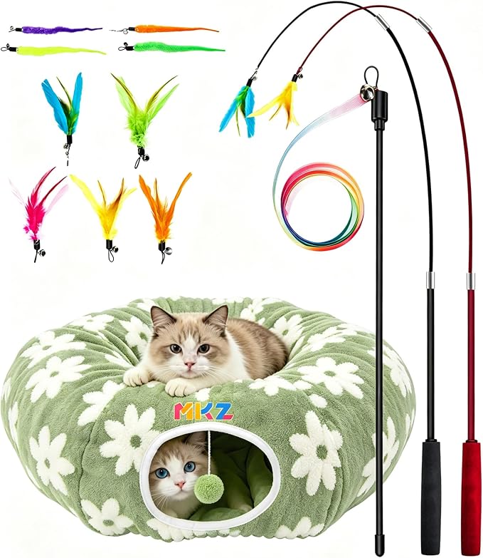 Cat Tunnel Bed with Interactive Cat Toys - Cat Tunnels for Indoor Cats | Donut Tunnel with Hideaway & Cushion, and Interactive Toys for Kitten, A Peekaboo Cave That'S Perfect for Indoor Pets to Play