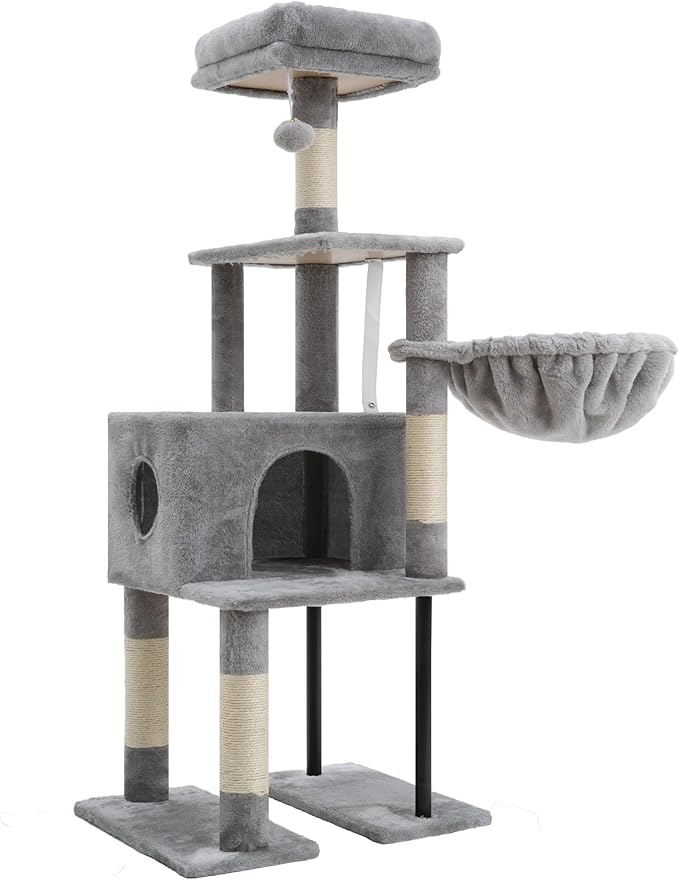 Heybly Cat Tree with Toy, 49.2 inch Cat Tower for Indoor Cats HCT200SW-1 | Spacious Cat House Condo with Hidden Space，Soft Plush Top Perch，Cozy Hammock and Sisal Scratching Posts, Light Gray