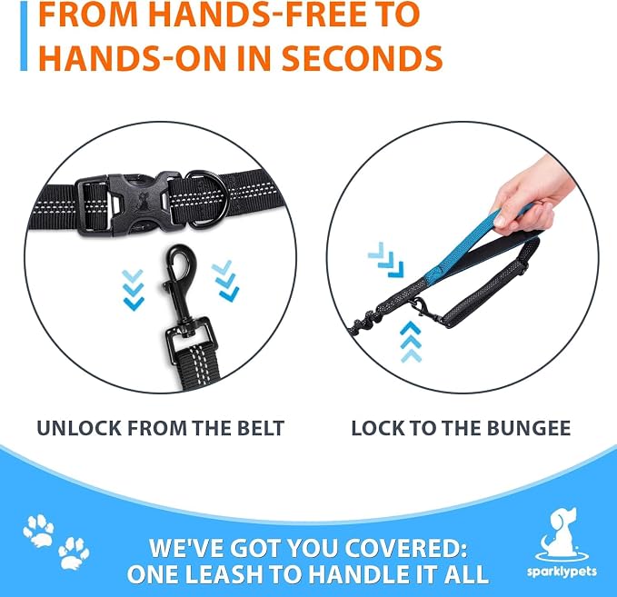 SparklyPets - Hands Free Dog Leash with Reflective Stitches - Waist Leash for Dog Walking, Hiking, Training, Jogging, Canicross, Running - for Small Dogs