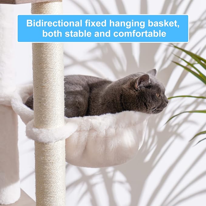 Hey-brother Wooden Cat Tree Tower with Hammock for Indoor Cats, MPJ120SG | 66.14 Inches Modern Scratching Post with Large Condo, Plush Top Platform, Cozy Basket, Bed, Hanging Toys, Rustic Gray