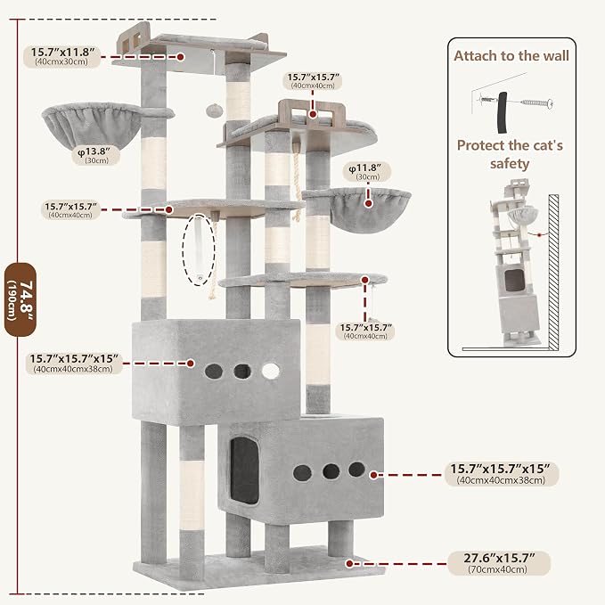 Gitelsnour Sturdy Cat Tree Tower with 2 Large Condos, 4 Big Perchs GCT039W | 74.8" Sturdy Cat Furniture for Indoor Cats Large Adult with 2 Cozy Cat Baskets, Sisal Scratching Posts & Toys, Light Gray