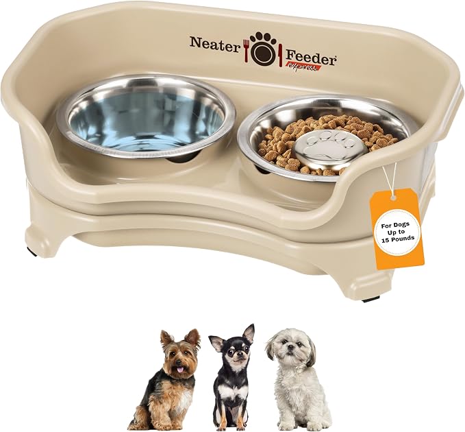 Neater Feeder Express Mess Proof Dog Bowls Elevated for Small Breed – Made in USA – No Spill Raised Slow Feeder Elevated Dog Bowl Stand, Stainless Steel Food and Water Bowl Set, Almond