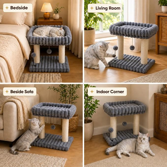 Small Cat Tree with Bed and Scratching Post for Indoor Cats｜Grey | Bedside Kitten Tower｜Space Saving ｜Large Soft Perch｜Sisal Scratcher｜19.7-Inch Tall｜Wide Base｜Replaceable Interactive Toys