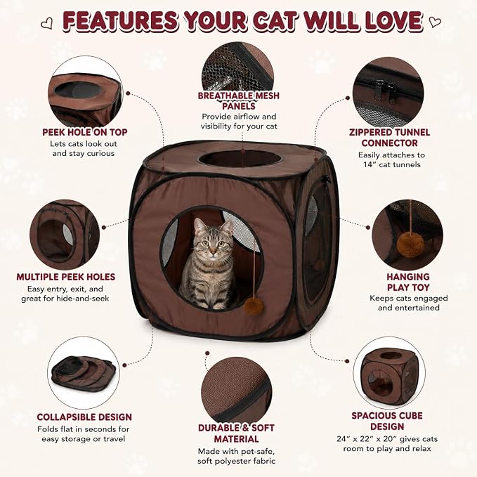 Pop Up Cat Tent Cube 24x22x20” – Indoor/Outdoor Cat Play Tent with Mesh Sides & 14” Entry – Connects to Cat Tunnel – Foldable Cat House + Bonus Snarky Cat™ Digital Sticker & GIF Pack
