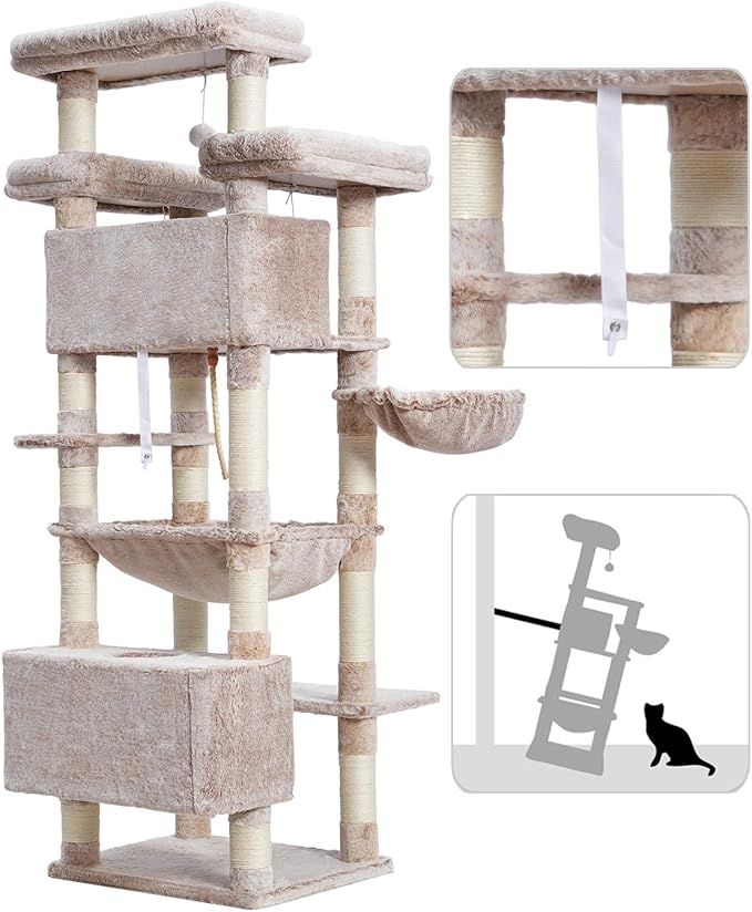 Gitelsnour Cat Tree, 74" Tower for Large Cats, Big Condo Hammock CCT030MU | Heavy duty, 3 Big Platforms, 2 Baskets, 2 Condos, Multi-Level Cat Scratching Posts, Indoor Cats Large Adult, Mushroom