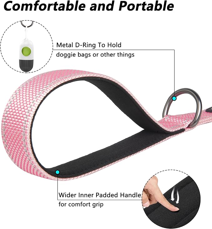PetiFine 4FT Heavy Duty Dog Leash with Soft Padded Double Handle | Traffic Handle Extra Control,Auto Lock Hook,Reflective Nylon Walking Lead for Large,Medium,Small Breed Dogs