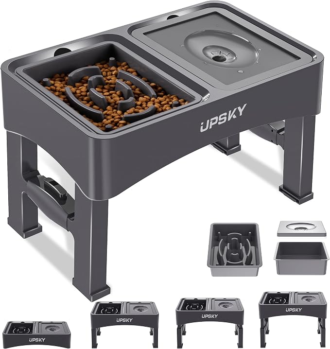 UPSKY 2-in-1 Elevated Dog Bowls Slow Feeder, 4 Height Adjustable Raised Bowl Stand, No Spill Dog Water Bowls, Anti-Slip Food and Water Bowls for Small Medium Dogs(Not Include Stainless Steel Bowl)
