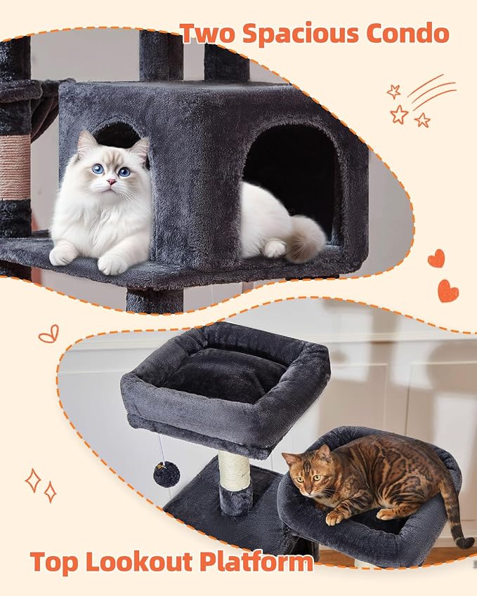 Taoqimiao Cat Tree, 66.2 in Tall Cat Tower with 2 Plush Cat Condos | 7 Scratching Posts, 2 Top Perches, Cozy Hammock & Basket, Indoor Cats, 2 Pompoms & Mouse Toy, Smoky Gray, MS013G