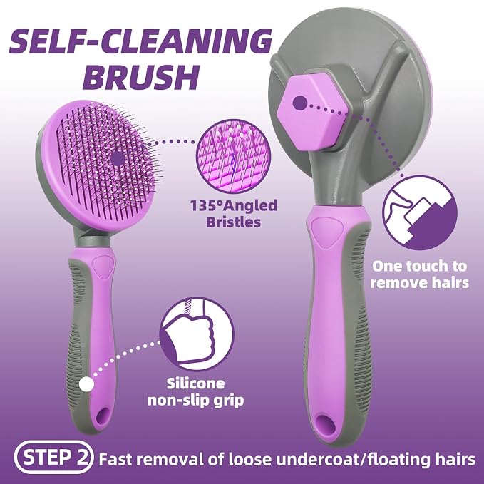 Dog Brush for Shedding, 7 PCS Dog Grooming Brush Kit Including Undercoat Rake, Slicker Brush, Dematting Comb, Nail Clipper, Bath Brush for Long & Short Haired Dogs, Cats - Purple
