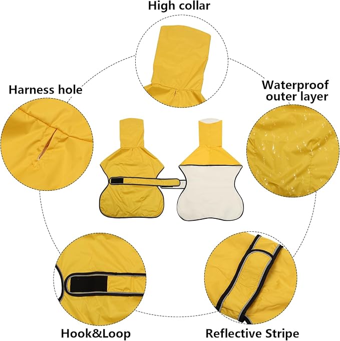 Greyhound Whippet Raincoat Waterproof with Reflective Stripe high Neck fit for Italian Greyhounds Whippets Long Back Breeds - Yellow - XXL