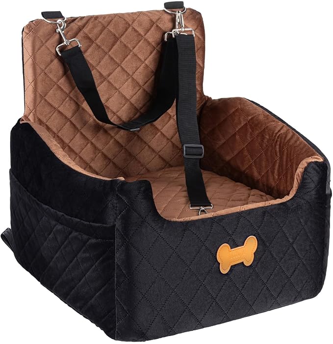 Dog Car Seat for Small Dogs, Dog Booster Seat Filling in Thick Memory Foam with 2 Safety Leashes and Storage Pocket, Suitable for Pet Under 30lb or 2 Puppies (Brown/Black)