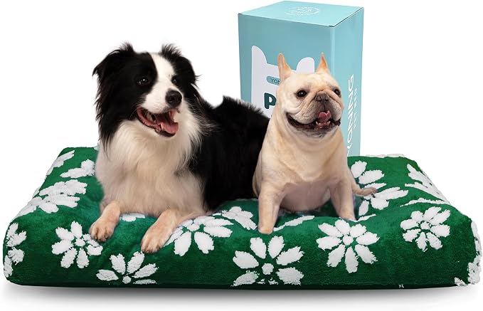 Cute Fluffy Dog Beds for Extra Large Dogs, 41"x 28", Green Flower | Thick Dog Bed for Crate Kennel, Pet Bed with Removable Washable Cover, Anti-Slip Bottom