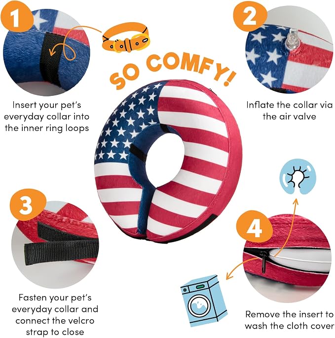 BENCMATE Inflatable Dog Cone Collar Alternative, Soft Dog Cone for Small Medium Large Dogs and Cats, Neck Recovery ECollar Donut Collar After Surgery (Medium, Flag)