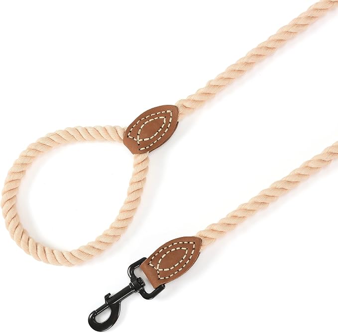 Mile High Life Dog Leash Braided Cotton Rope with Leather-Reinforced Ends | Rust-proof 360° swivel clasp, Heavy-duty for medium/large dogs. Great for weddings, daily walks (6 FT, 1/2", Light Brown)