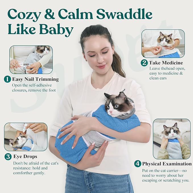 Supet Cat Grooming Wrap for Cutting Nails, Self-Adhesive Calm Cat Swaddle | Bite-Proof Mesh Hood & Thick Waist Strap Anti-Escape Anti-Scratch Bag for Nail Trimming, Medication, Ear Cleaning (Blue S)