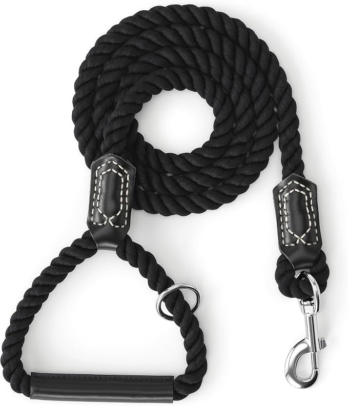 Mile High Life Dog Leash Braided Cotton Rope w/Leather-Wrapped Ends/Handle | Rust-proof 360° swivel clasp, Heavy-duty for medium/large breeds. Great for weddings, daily walks (4 FT, 1/2", Black)