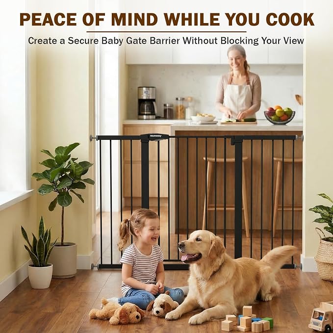 Mumeasy 29.7-57" Extra Wide Baby Gate,Dog Gate Indoor for Doorways & Stairs | No Drilling Pressure Mounted Pet Gate for Dogs Outdoor, Auto Close Easy Walk Thru Child Safety Gate for Hallways, House,Black