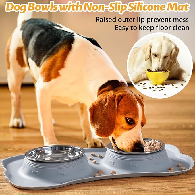 Hubulk Pet Dog Bowls 2 Stainless Steel with No Spill Non-Skid Silicone Mat + Pet Food Scoop Water and Food Feeder Bowls for Feeding Small Medium Large Dogs Cats Puppies ( Gray)