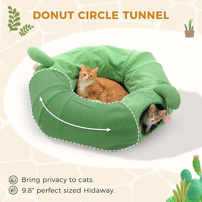 PAWZ Road Cactus Cat Tunnel Collapsible Cat Donut Tunnel with Flower Bed | 38" diameter,2 tunnels & flower mat form Large cat tunnels Peephole & dangling balls for indoor adult cat