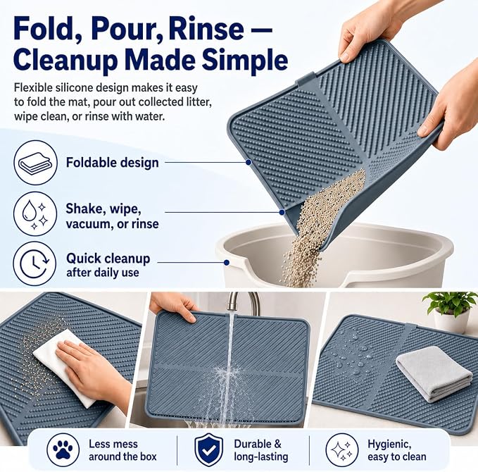 Silicone Cat Litter Mat, 30'' × 23'' Large Waterproof Cat Pad for Litter Box, Easy-Clean Trapping Surface with Raised Edge, Gentle on Paws, Gray